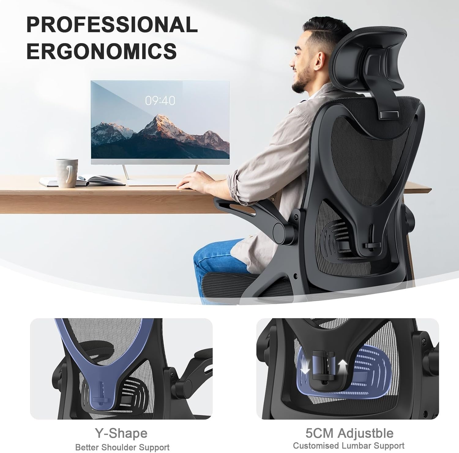 Ergonomic Office Chair High Back Mesh Flip Up Armrest Lumbar Support Black