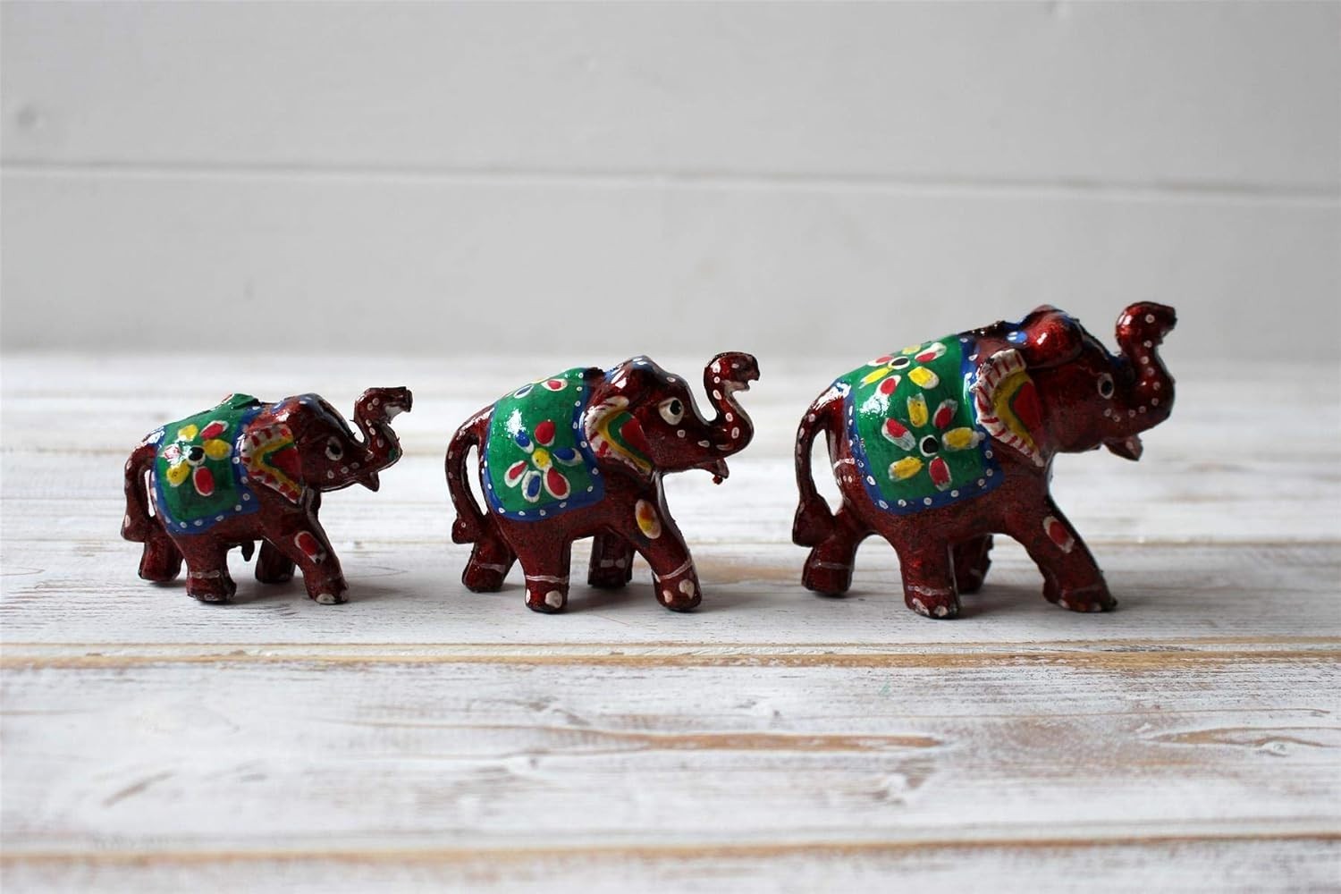 Hand Painted Elephant Ornaments Set of 3 | Colourful Decor Figurines