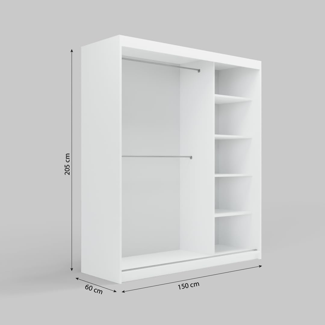 White Sliding Mirror Wardrobe 150cm with Drawers Modern Storage Unit
