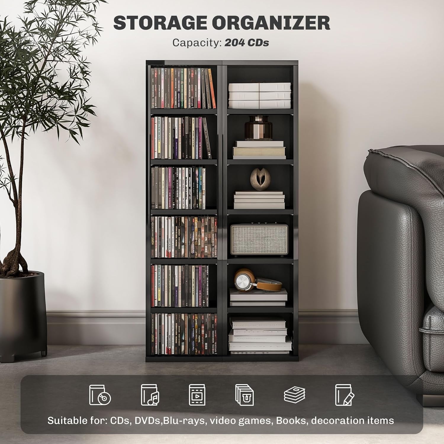 Set of 2 High Gloss Black Media Storage Towers – Adjustable CD DVD Blu-Ray Racks