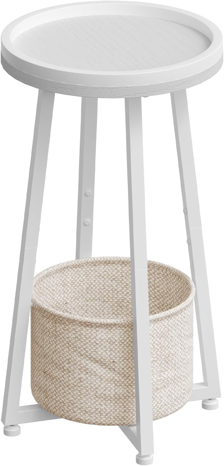 White 2-Tier Round Side Table 30x30x60 cm | Sofa & Bedside Table w/ Storage