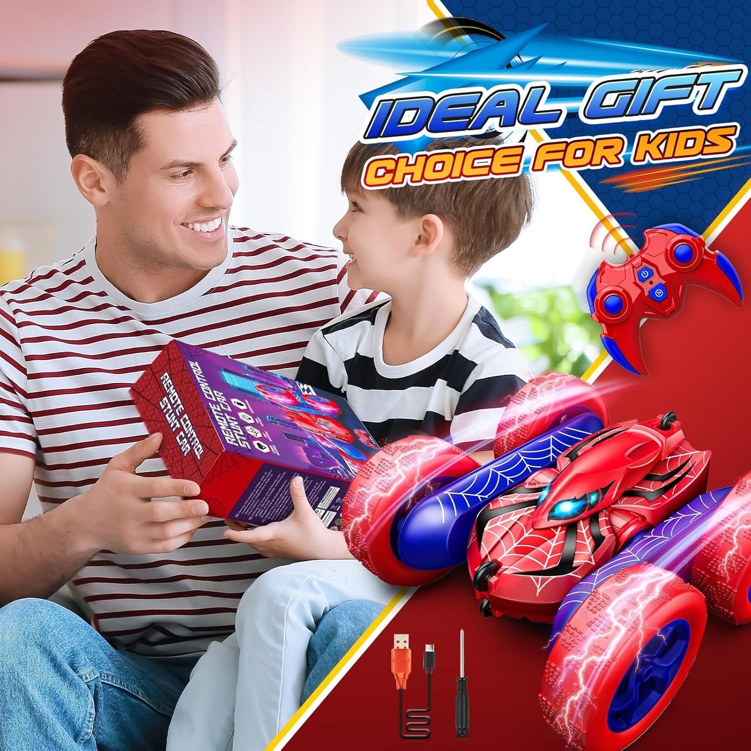 4WD RC Stunt Car 360° Flip LED Rechargeable Toy for Boys Age 3–10