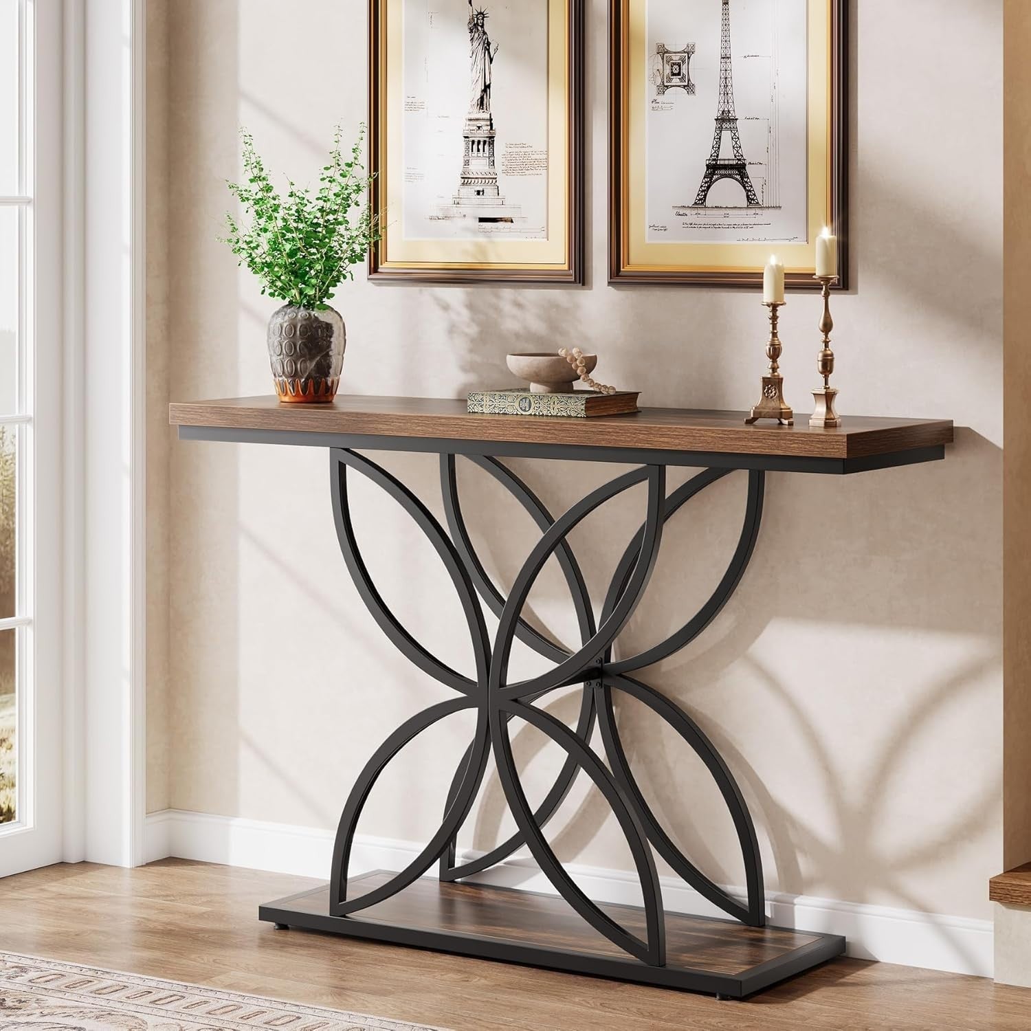 47" Industrial Console Table with Unique Butterfly Metal Base, Rustic