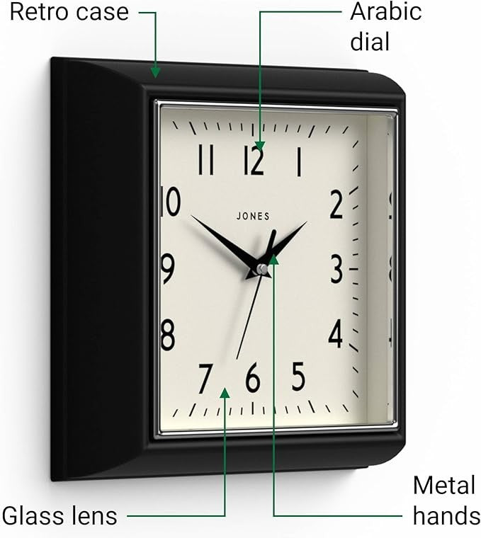 Black Retro Square Wall Clock 25cm Silent Quartz Easy Read Modern Kitchen Office