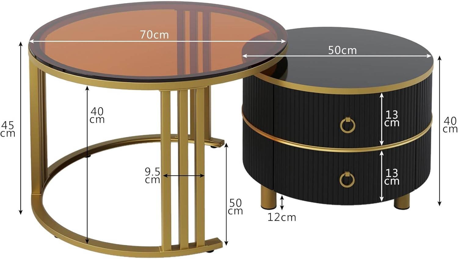 Round Nesting Coffee Table Set with 2 Drawers & Brown Glass Top – Space Saving