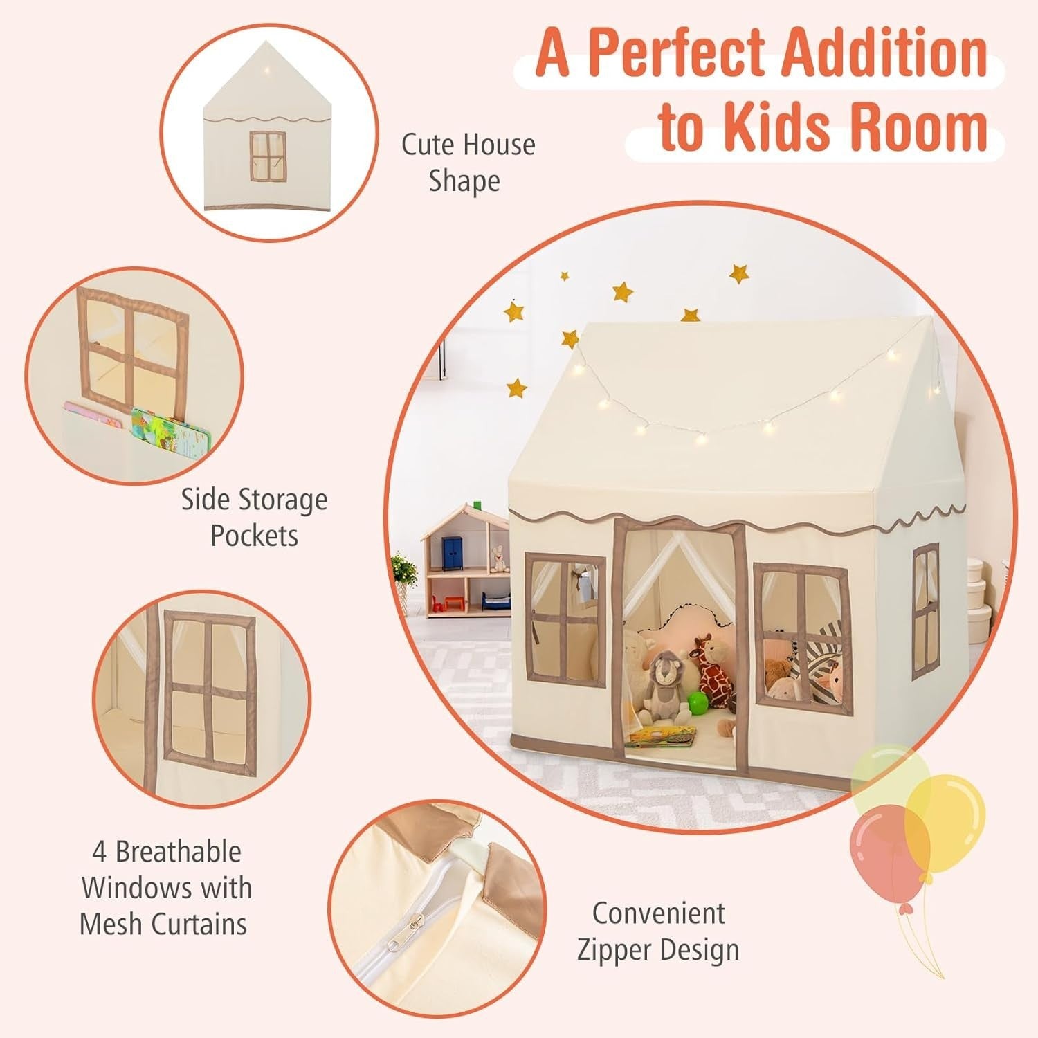 Large Kids Play Tent Castle Indoor Outdoor w Star Lights Non Slip Mat