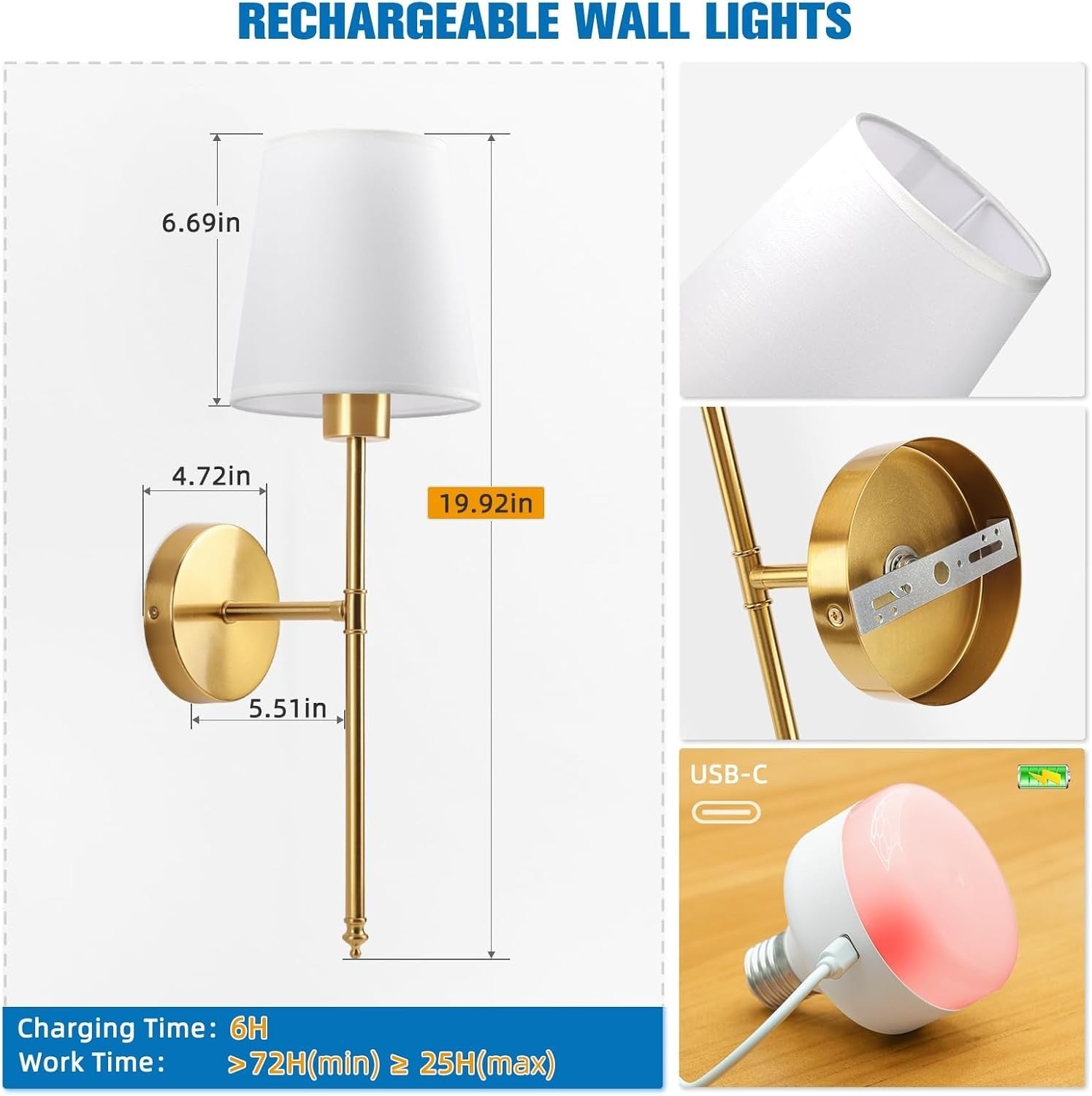 Battery Wall Sconce Gold 19.9in | Dimmable, Rechargeable, No Wiring