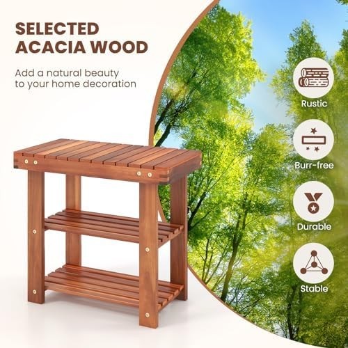 3-Tier Acacia Wood Shoe Rack Bench – Hallway Entryway Storage Seat