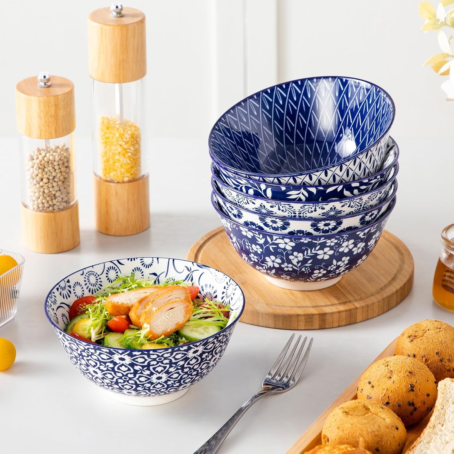 Set of 6 Vintage Blue White Ceramic Bowls 24oz Salad Cereal Pasta