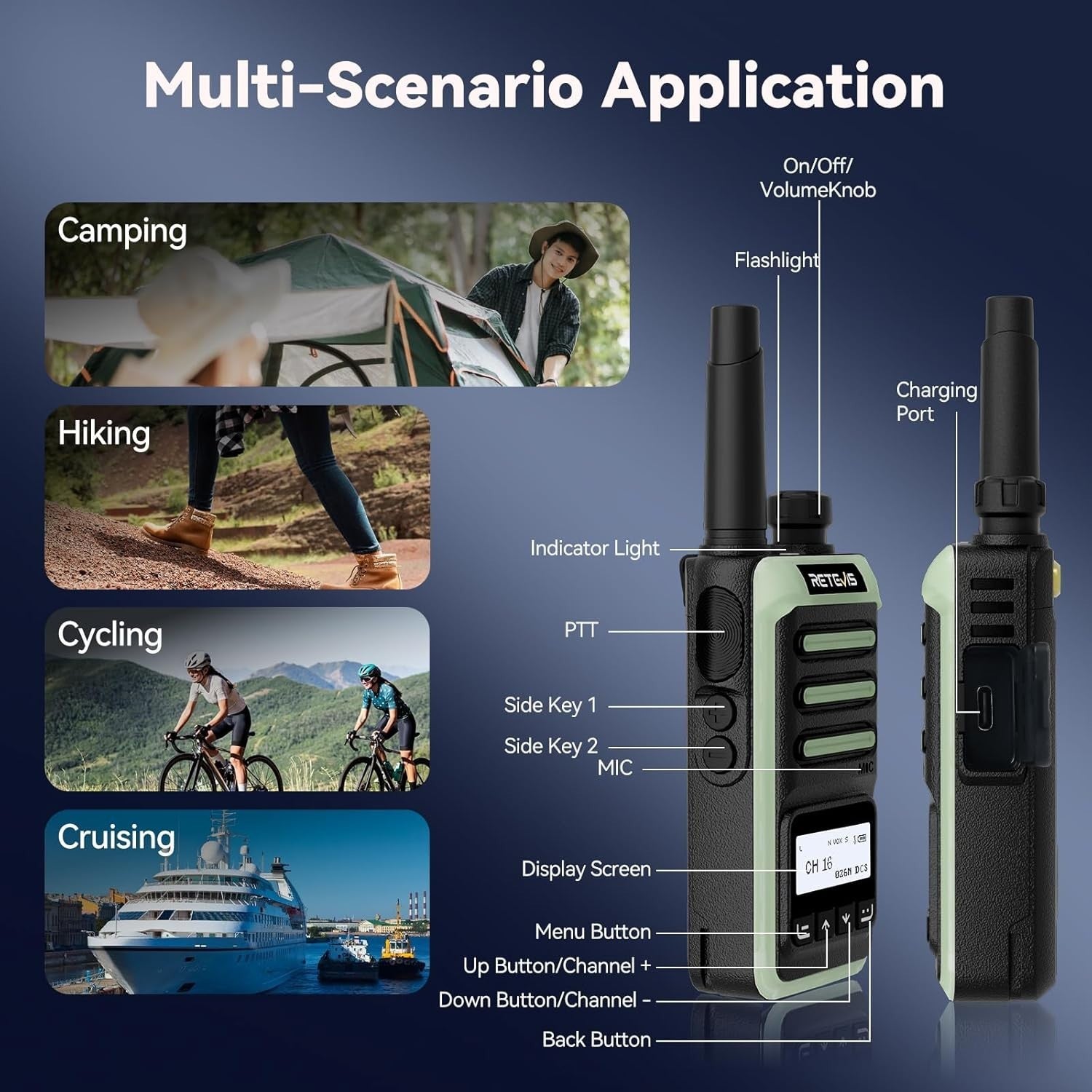Rechargeable Walkie Talkie LCD Screen Type-C Fast Charging LED Radio