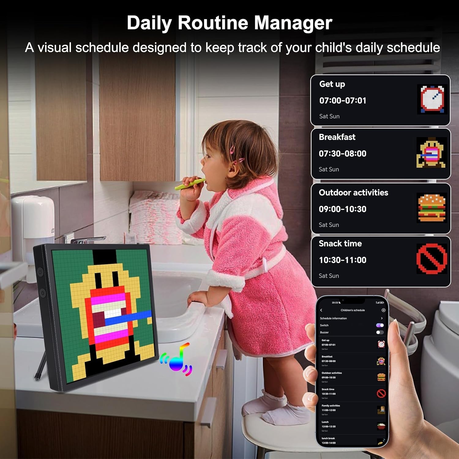Pixel Art Alarm Clock RGB LED Display Bluetooth App Control Multicolour