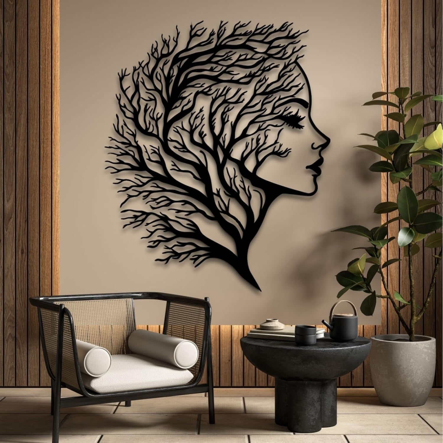 Metal Tree Wall Art with Woman Face 70x58cm Modern Decor