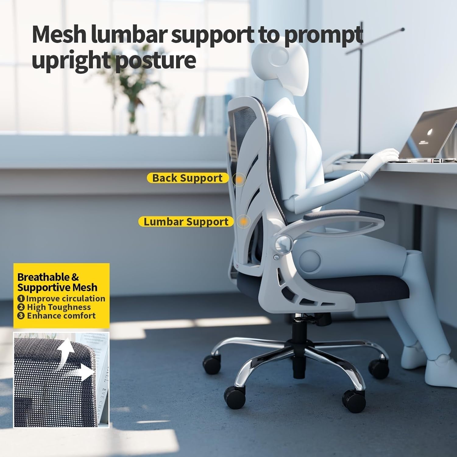 Ergonomic Folding Office Chair Mesh Back Lumbar Support Wide Seat White