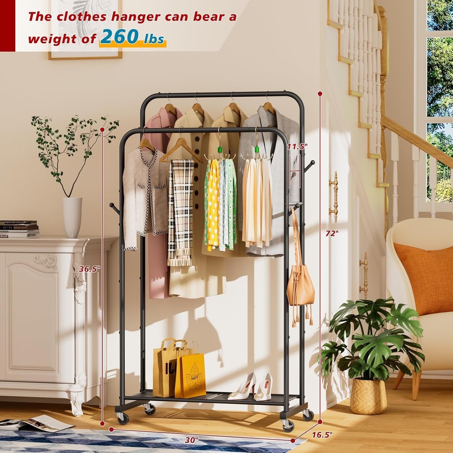 Portable Clothes Rail Black Metal Storage Rack with Wheels, Double Shelf Design