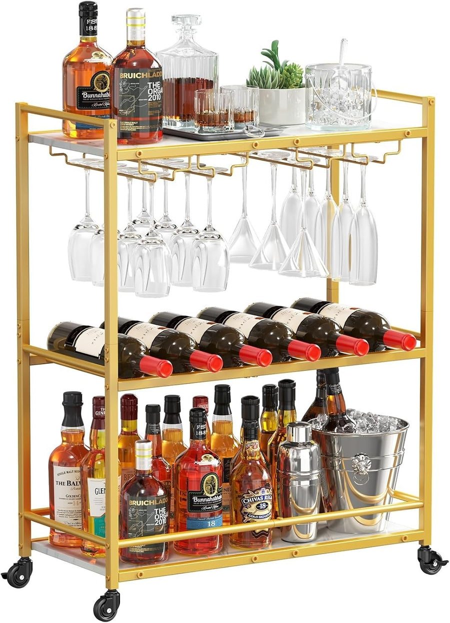 Gold 3 Tier Bar Cart with Wine Rack & Glass Holder | Drinks Trolley on Wheels