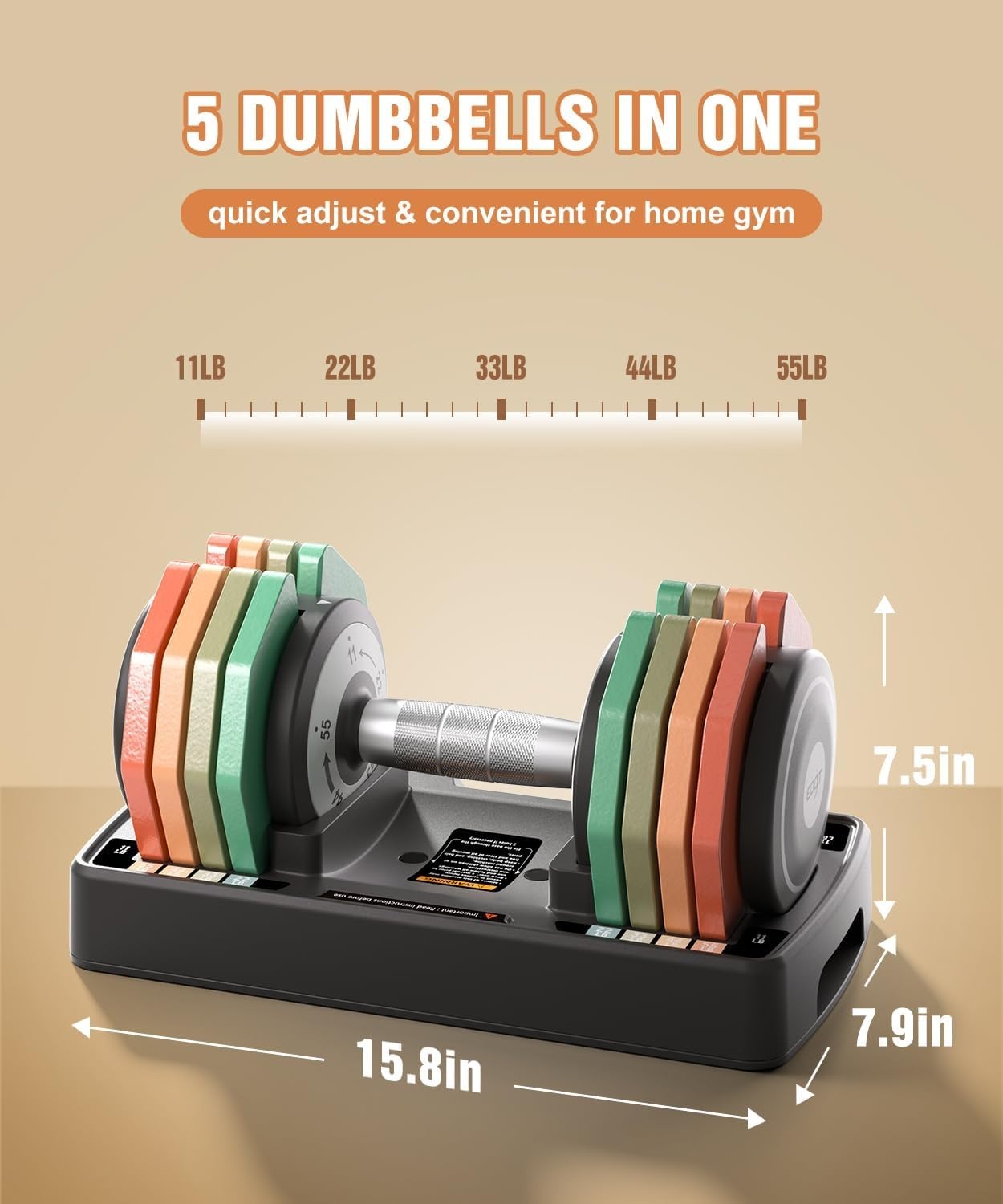5-in-1 Adjustable Dumbbells Pair 25KG Rainbow Plates Non-Slip Home Gym