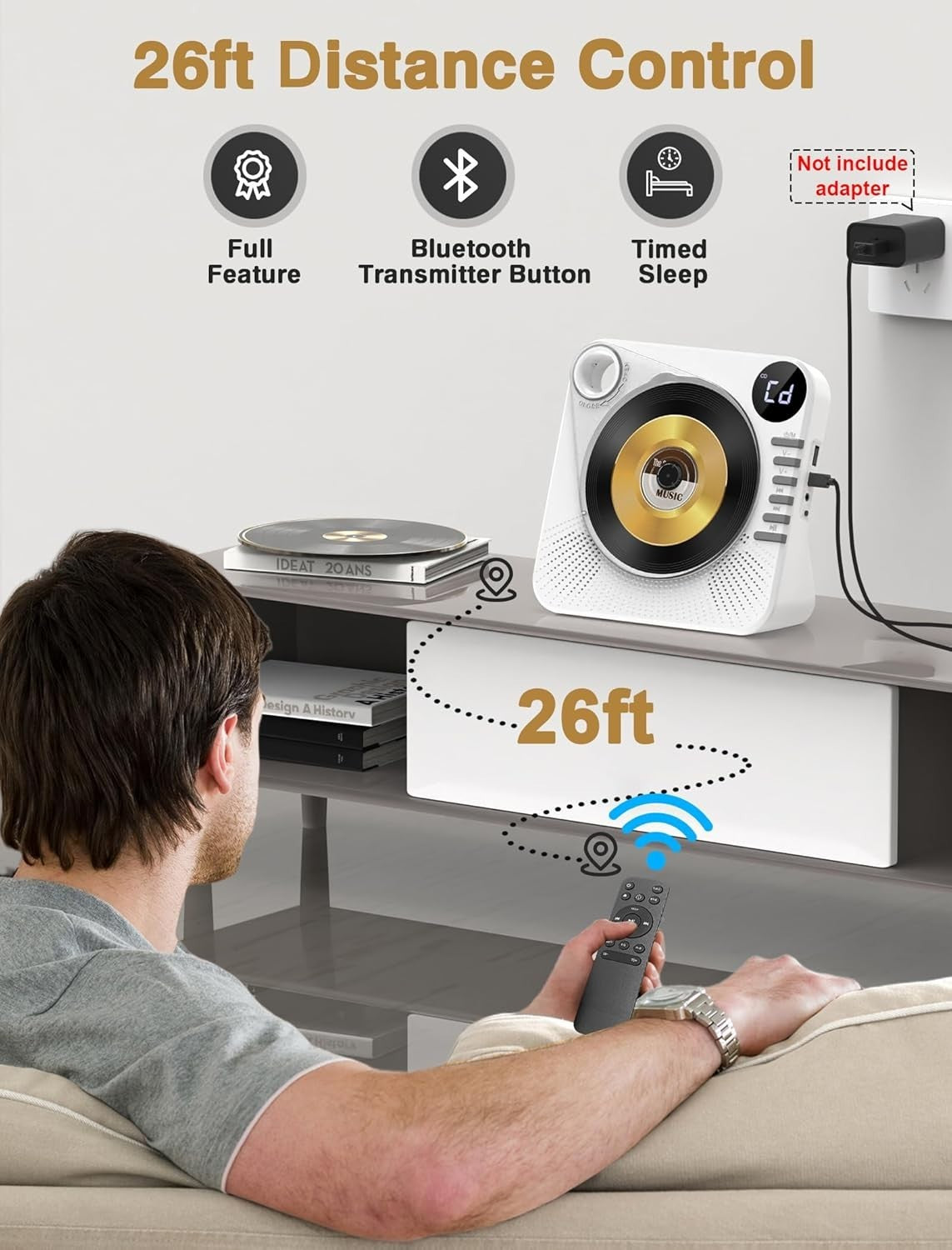 Bluetooth 5.1 CD Player w Speakers LED Display Remote USB AUX White