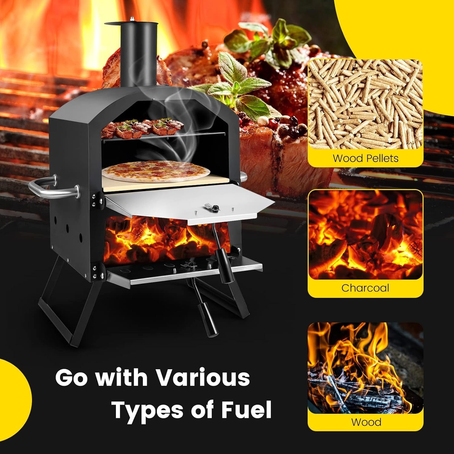 2-Layer Outdoor Wood Fired Pizza Oven with Stone, Peel & Waterproof Cover