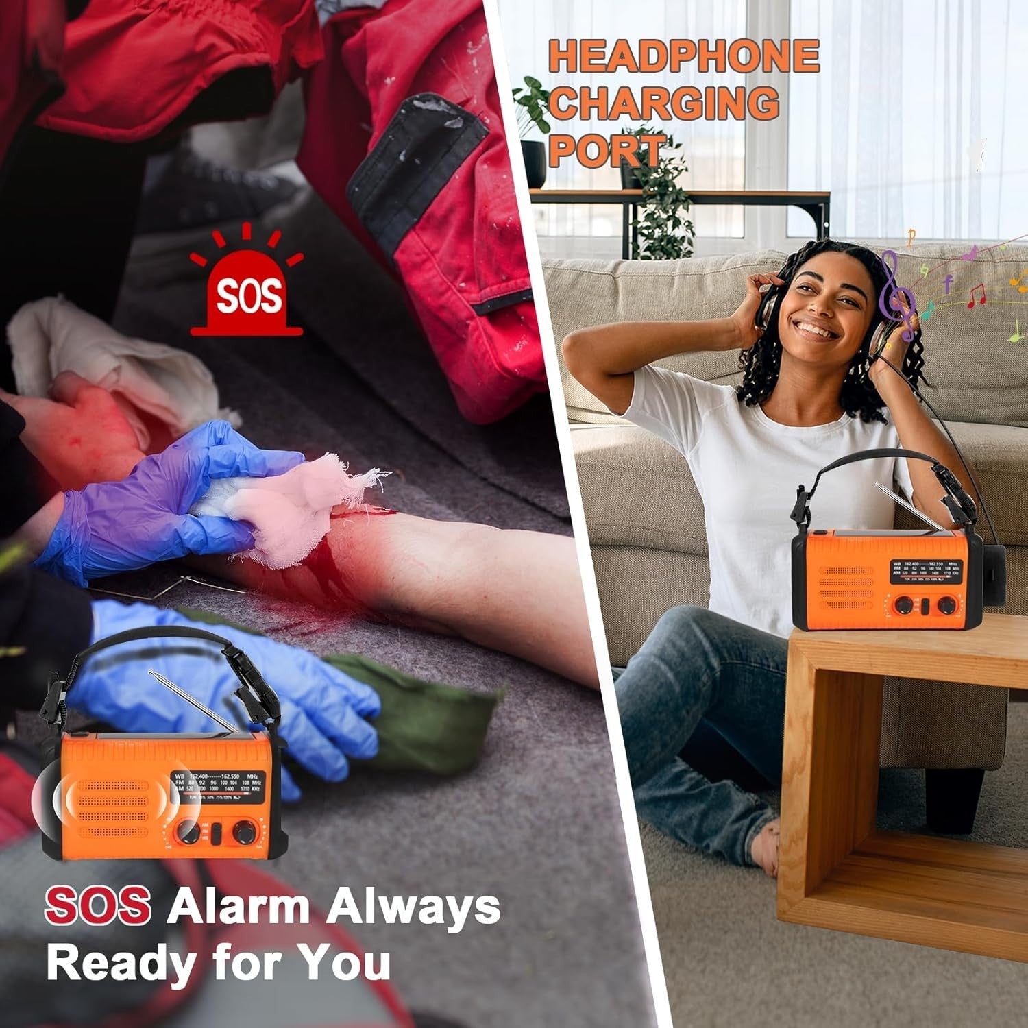 Emergency Solar Hand Crank Radio 20000mAh AM/FM/NOAA Flashlight Orange