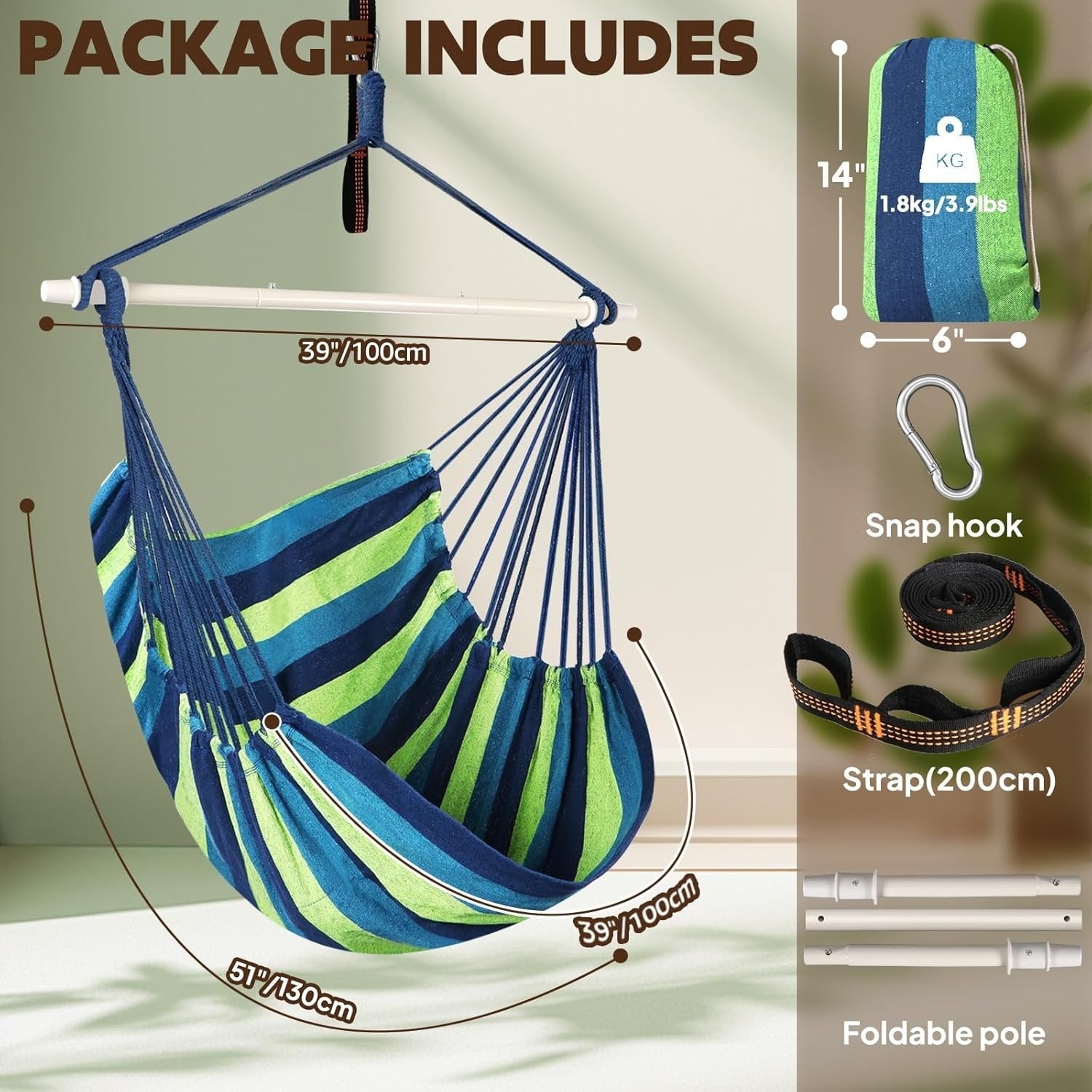Hammock Chair Swing – Portable Cotton Seat, Collapsible Metal Bar Indoor/Outdoor