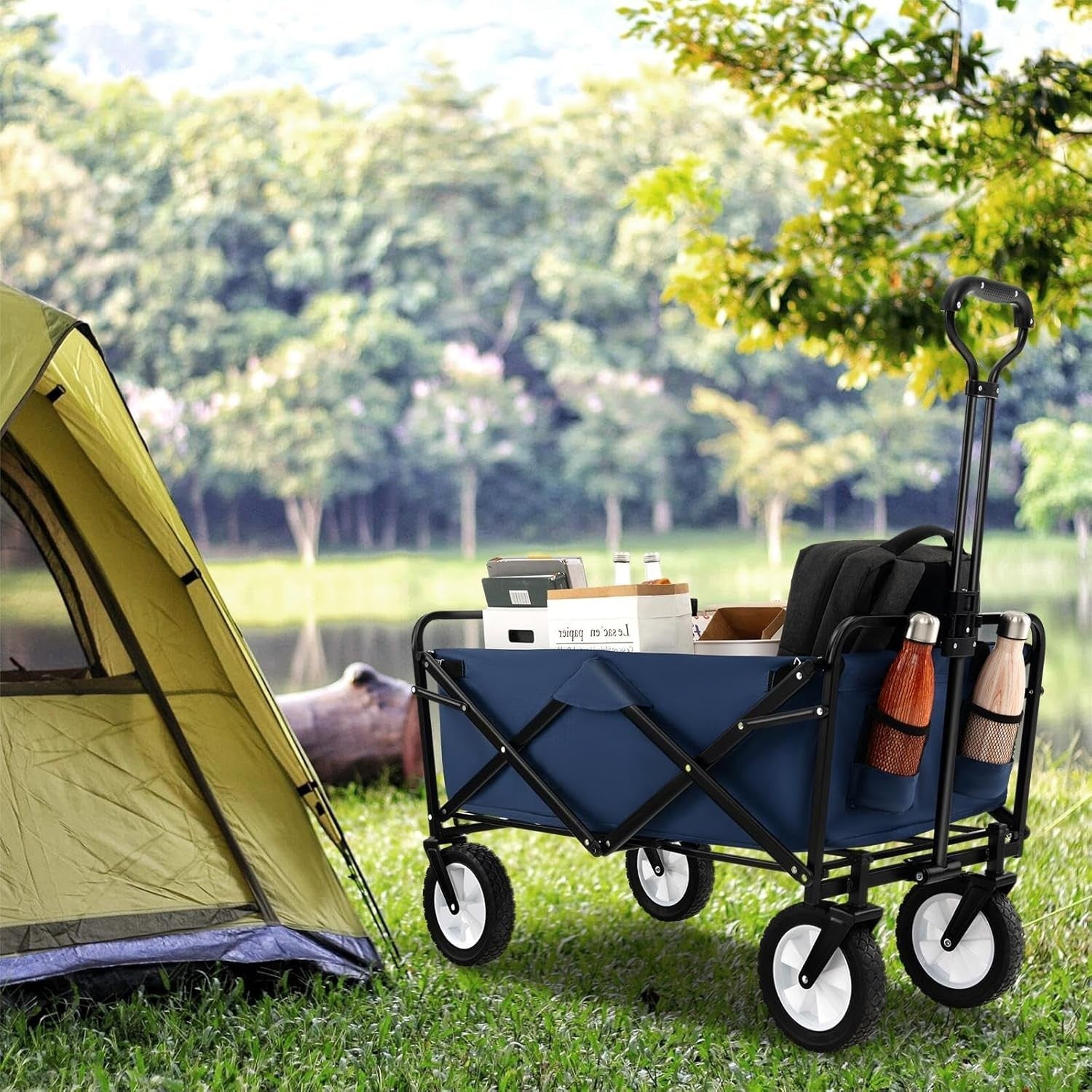Navy Blue Folding Trolley Cart Collapsible Garden Wagon w/ Adjustable Handle