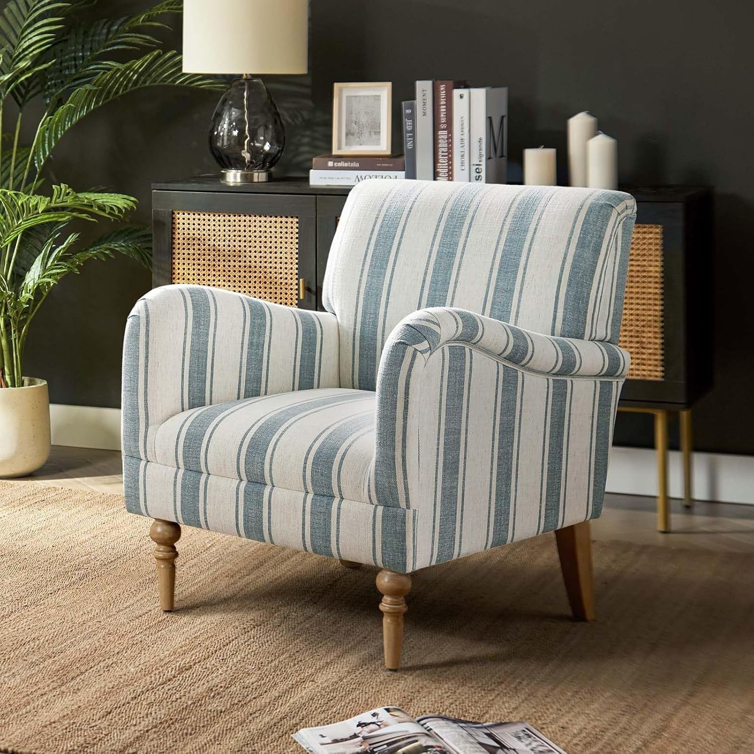 Striped Blue Accent Chair Upholstered Armchair for Living Room Bedroom
