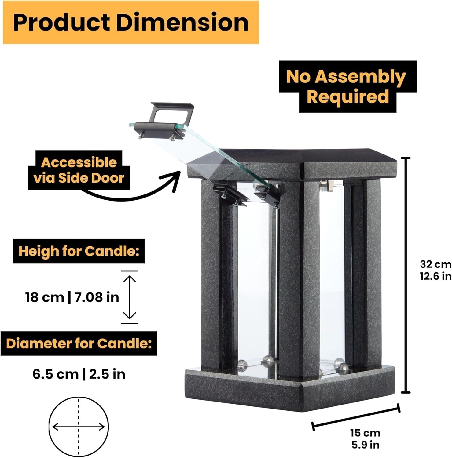 Large Black Granite Candle Lantern 32cm Square Polished Decor