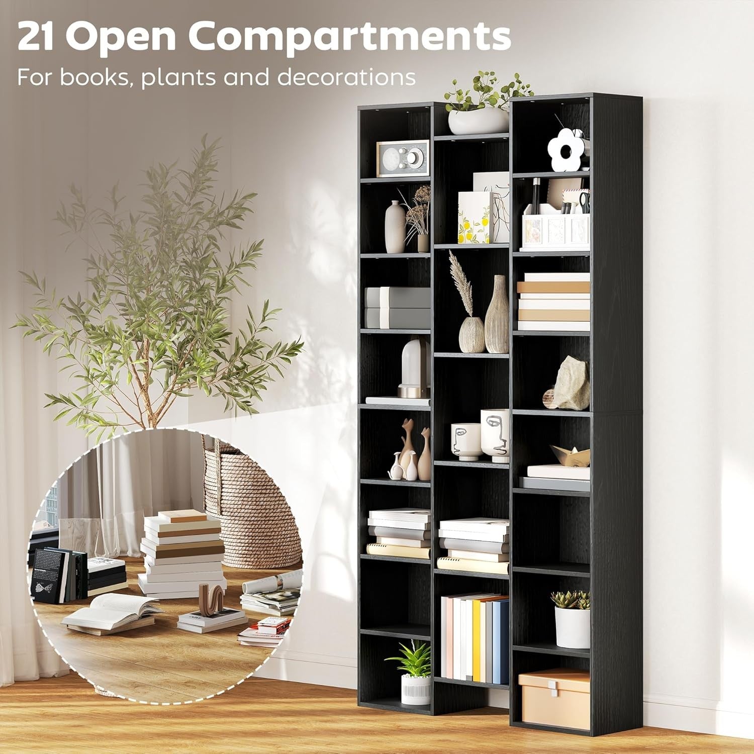Tall 21-Cube Bookcase Black Adjustable Shelves Modern Storage Unit for Home Offi