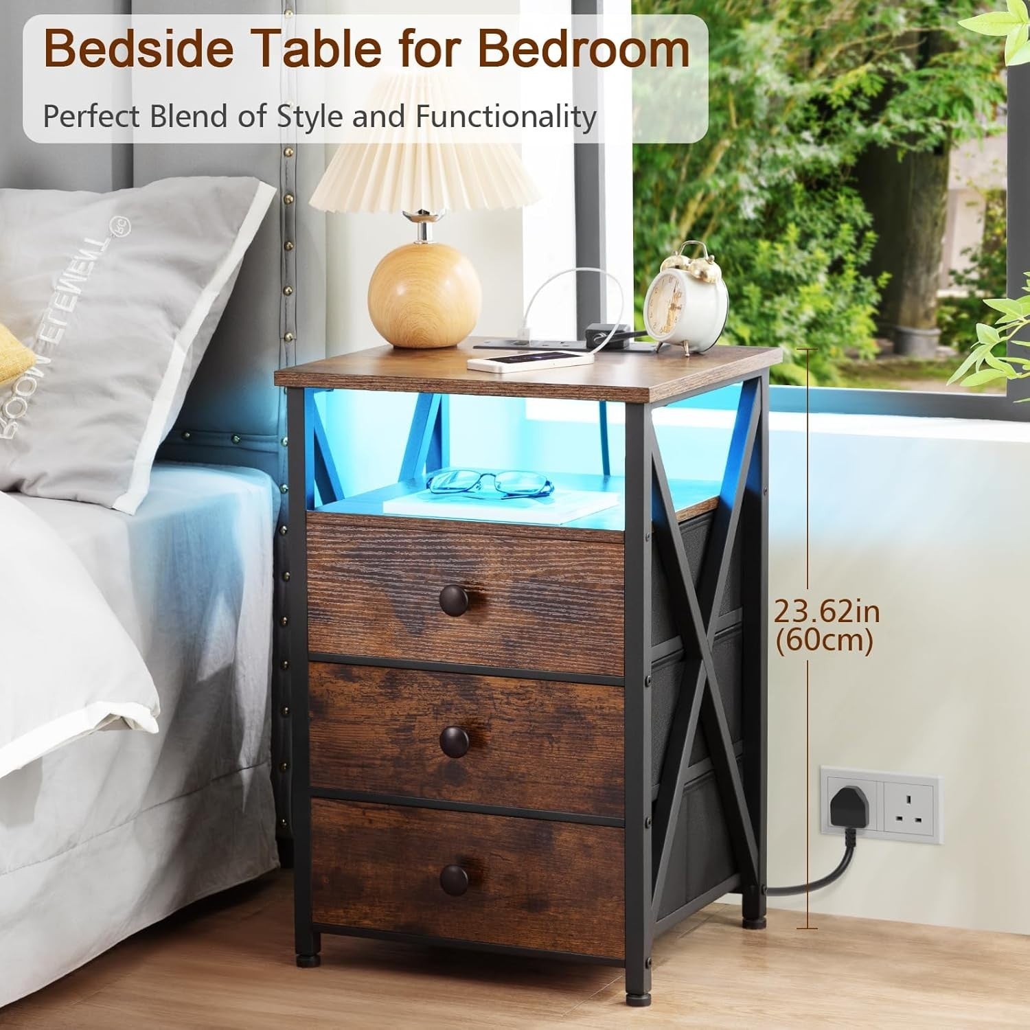 Rustic LED Bedside Table with Charging Station | 3 Drawer Nightstand