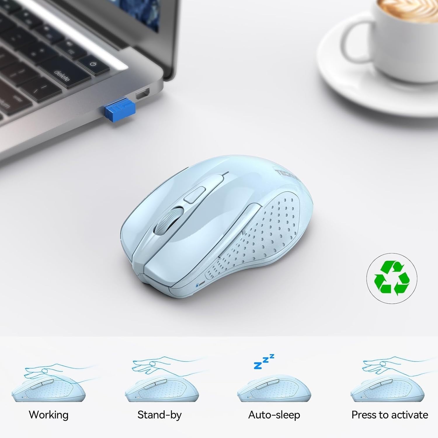 Light Blue Silent Bluetooth Mouse 4800DPI Ergonomic Rechargeable Laptop PC