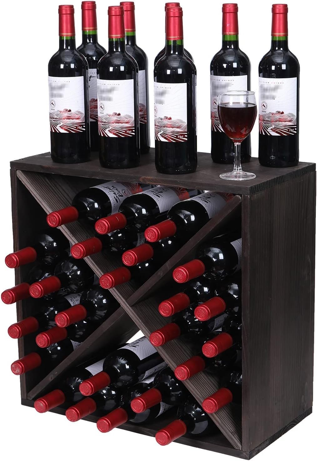 24 Bottle Wooden Wine Rack Cube Storage Stand Rustic Countertop Bar Display Dark