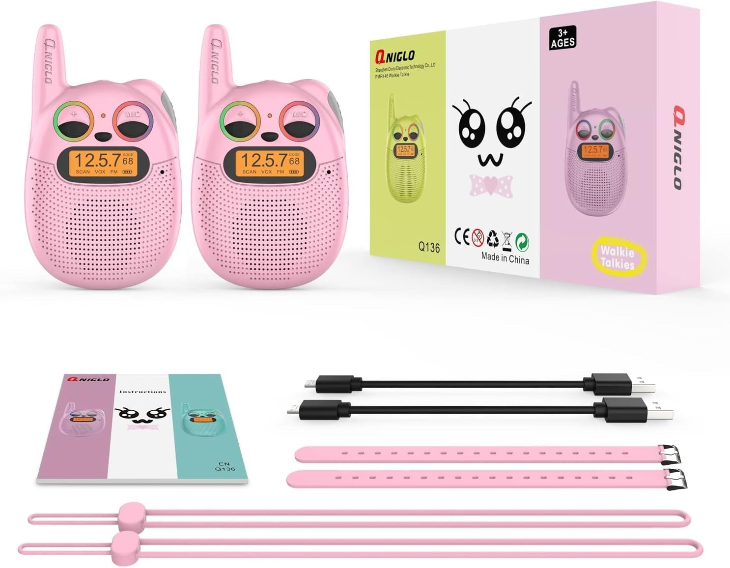 Kids Rechargeable Walkie Talkies Pink Watch Style FM Radio LED Lights