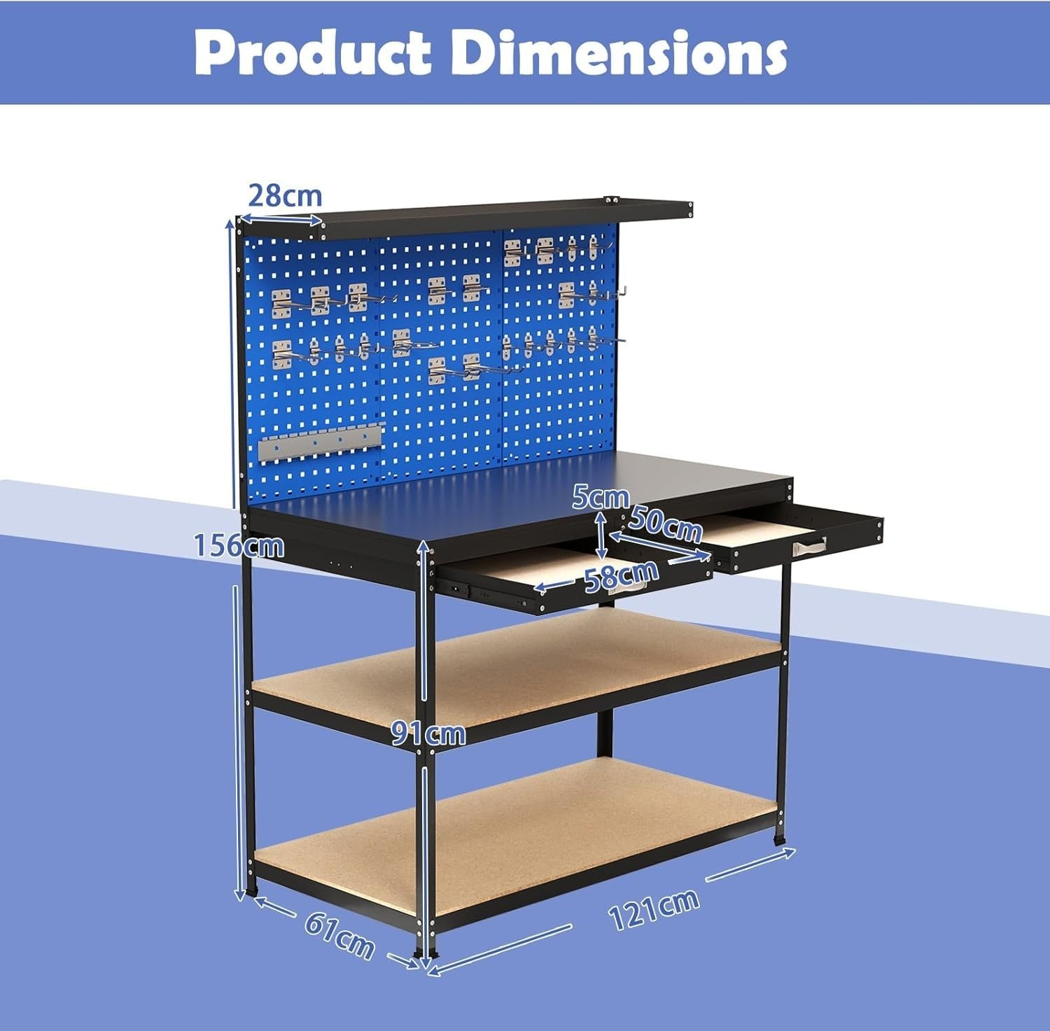 Heavy Duty Garage Workbench with Pegboard Drawers Hooks Tool Station 121x61