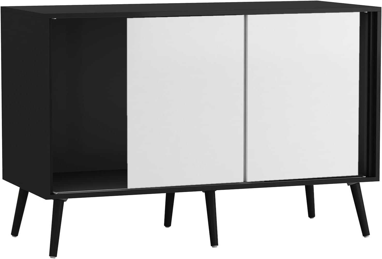 3 White Door Sliding Sideboard Cabinet Wooden Black Leg Modern Storage Organizer