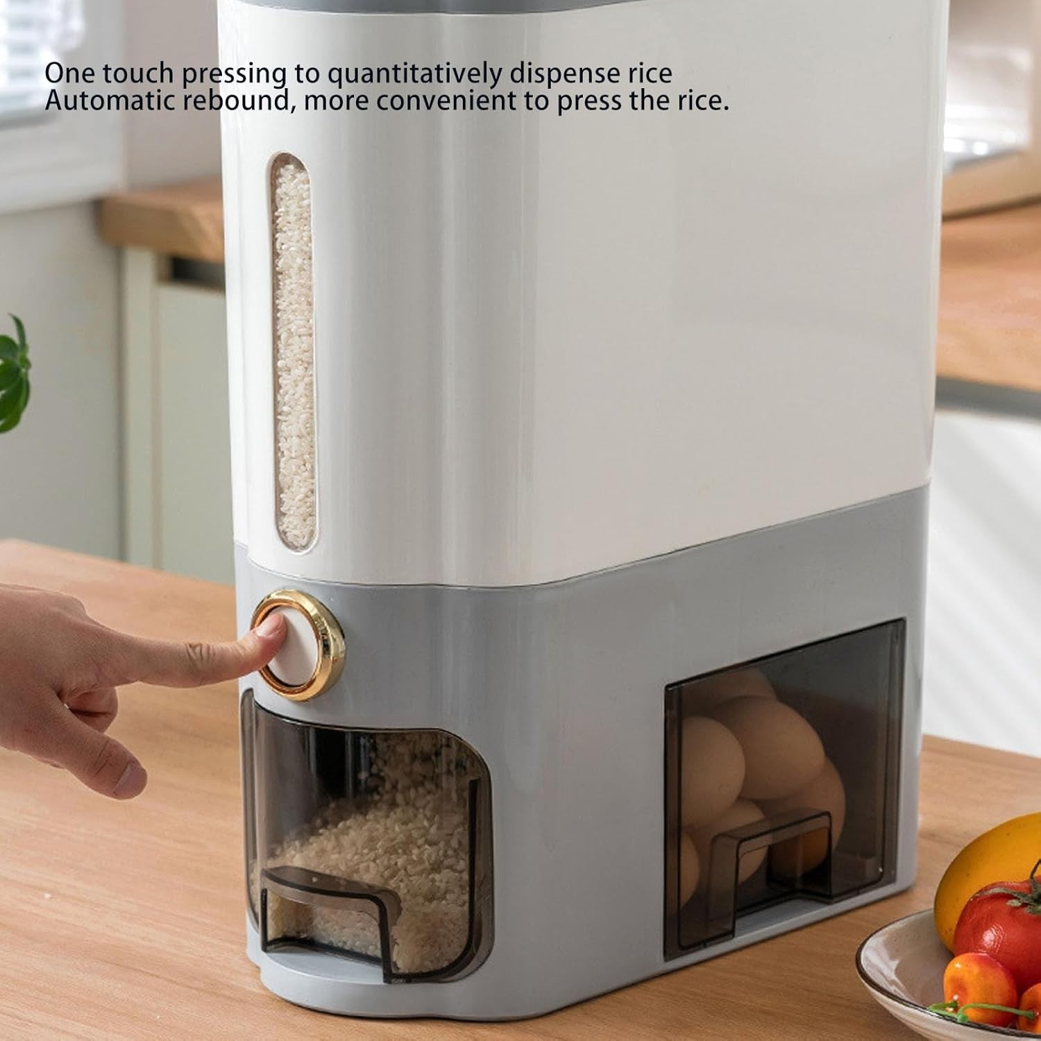 10KG Press Rice Dispenser PP Sealed Slim Grain Storage Bin Gray