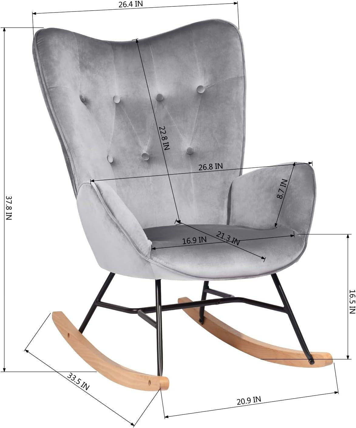 Velvet Rocking Chair Grey High Back Comfy Armchair for Lounge Nursery