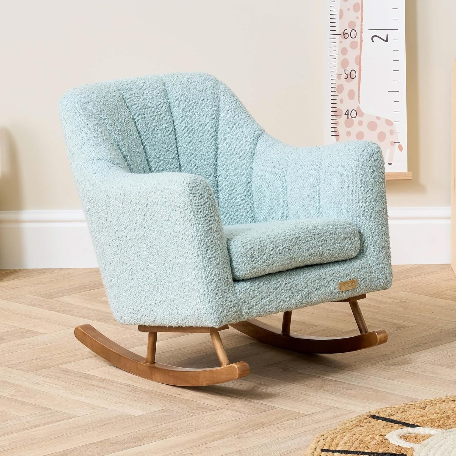 Toddler Rocking Chair Soft Bouclé Fabric, Rubberwood Bars, Easy Assembly