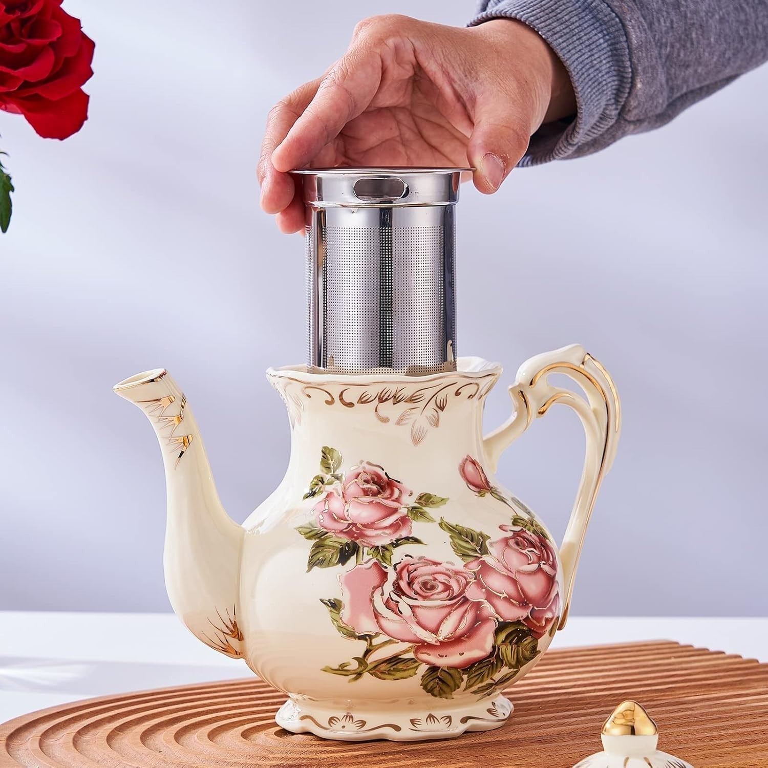 1000ml Floral Porcelain Teapot with Infuser Vintage Rose Gold Trim