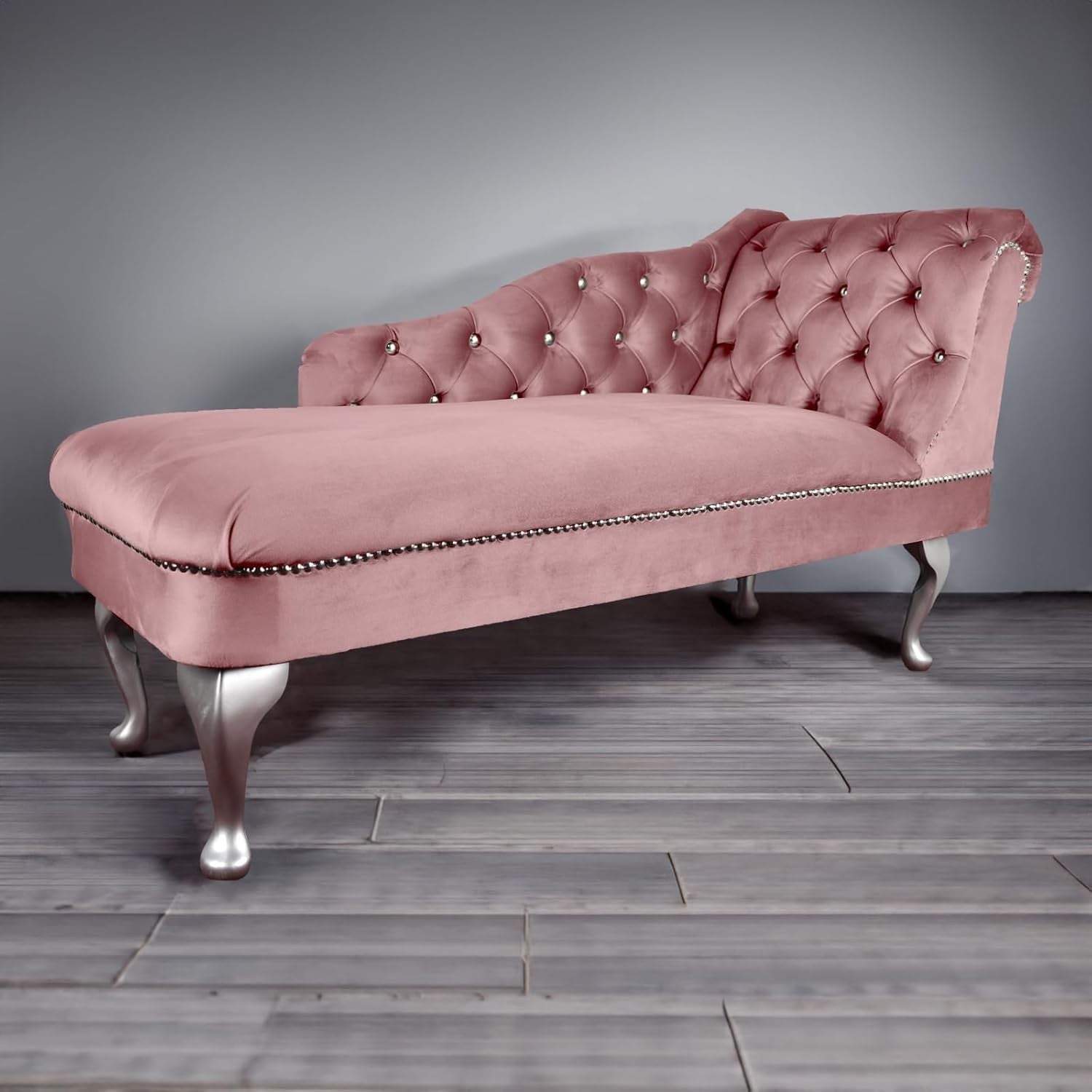 Velvet Chaise Lounge Sofa Right Hand Pink – Tufted Seat, UK Handmade