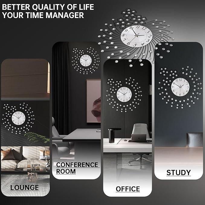 Large 50cm Silver Crystal Wall Clock Silent Modern Luxury Metal Round Decor