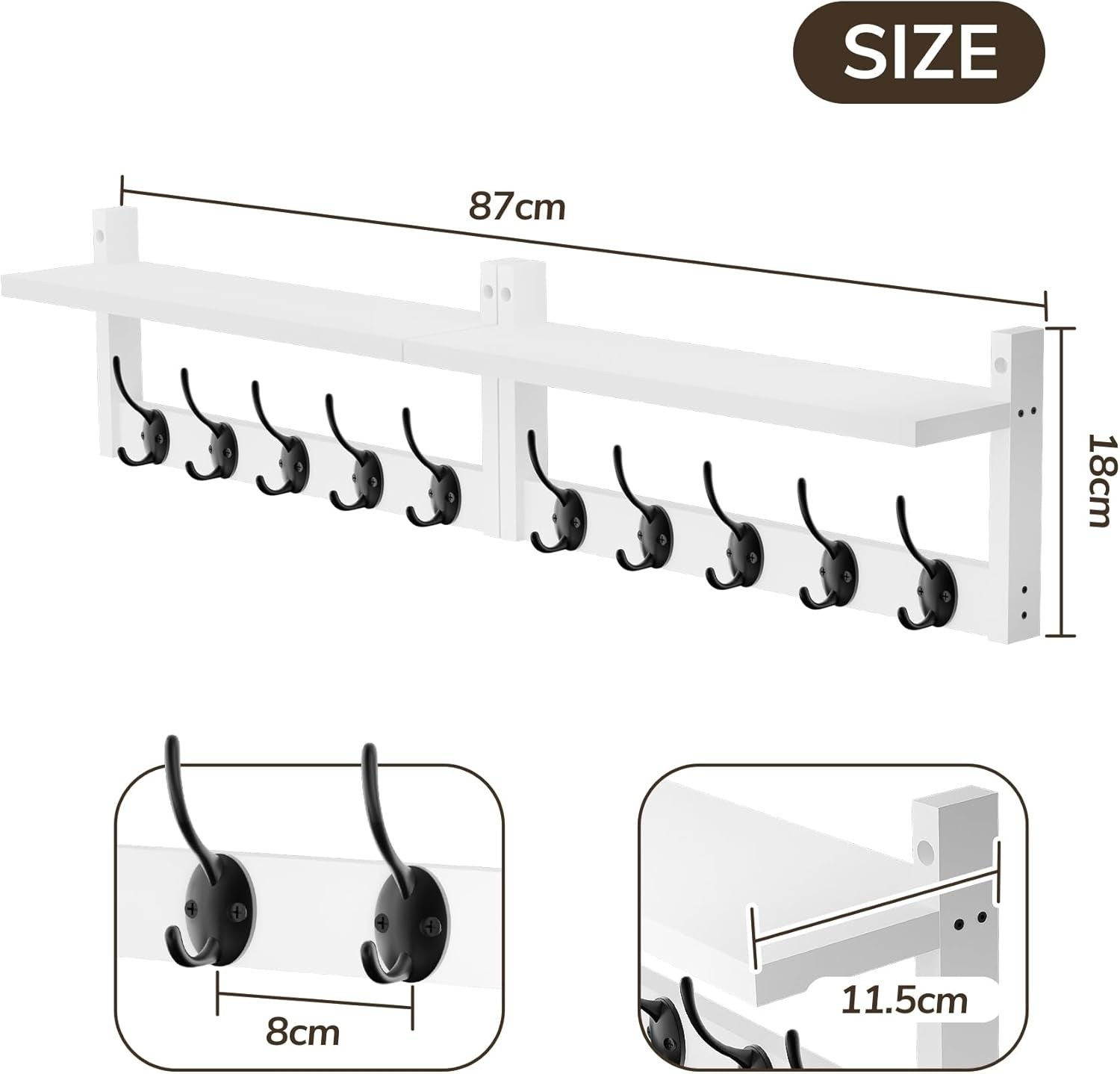 Wooden Wall Coat Rack with Shelf 87cm | 10 Hooks for Coats Hats Bags Keys