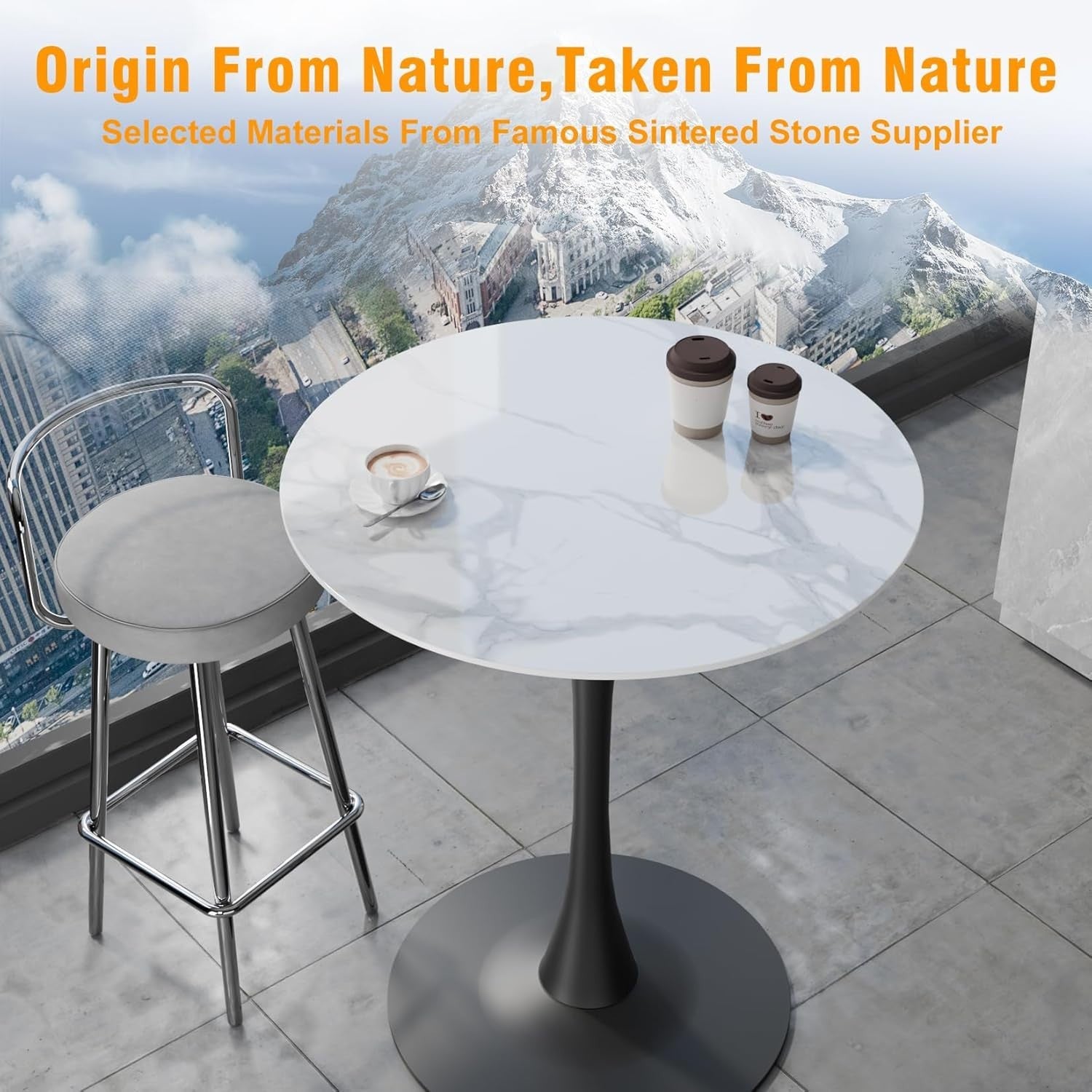 Rich White 76cm Round Tall Bar Table 100cm Sintered Stone Top Black Metal Base