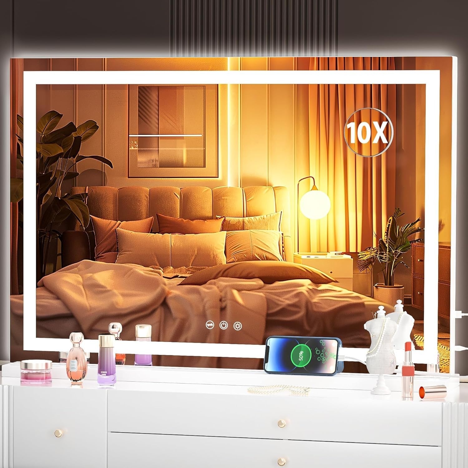 LED Vanity Mirror 80x50cm Wall/Table, 3 Light Modes, Touch Dimming Makeup