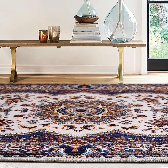 Blue Vintage Oriental Rug 160x230cm Washable Low Pile Living Room Carpet