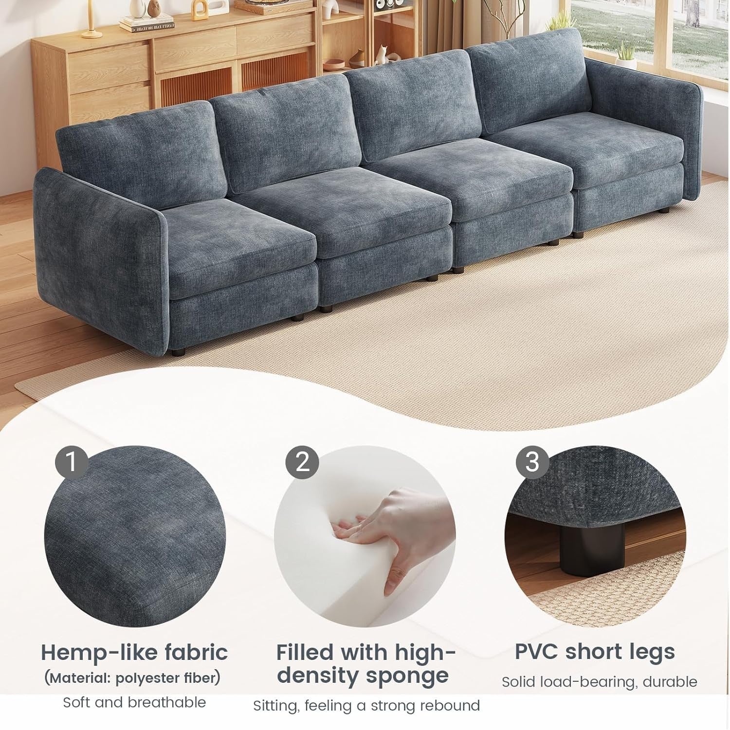 Modern 4 Seater Sofa Blue-Grey Deep Cushions 305CM Ergonomic Couch