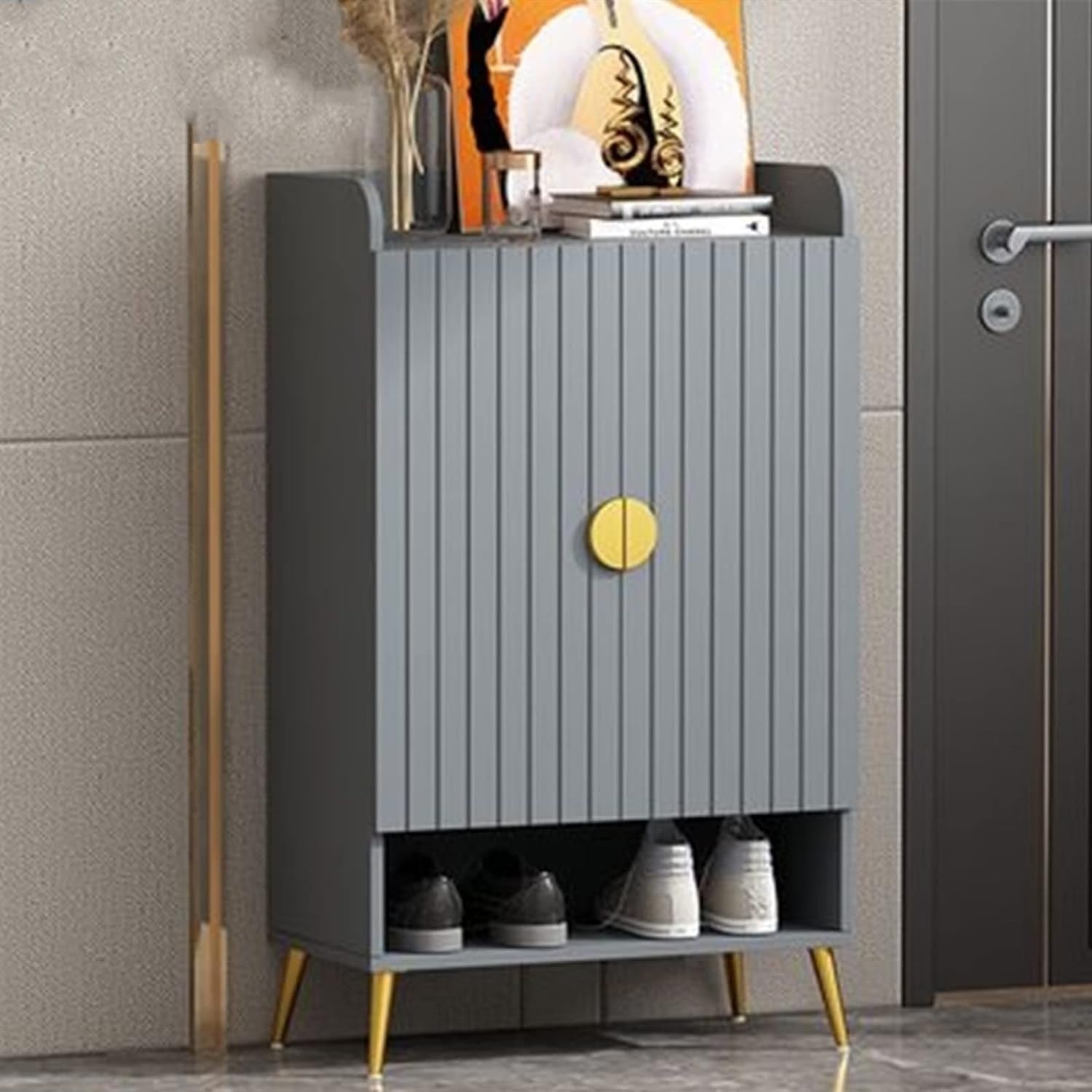 Modern Shoe Cabinet Grey 2 Door Cupboard with Open Shelf & Adjustable Shelves
