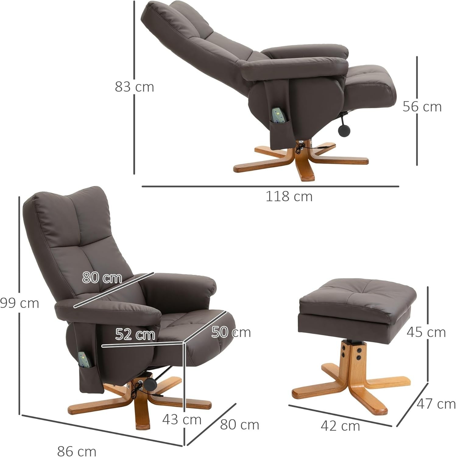 Massage Recliner Chair w/ Footstool Heat 145° Tilt Swivel Faux Leather Brown