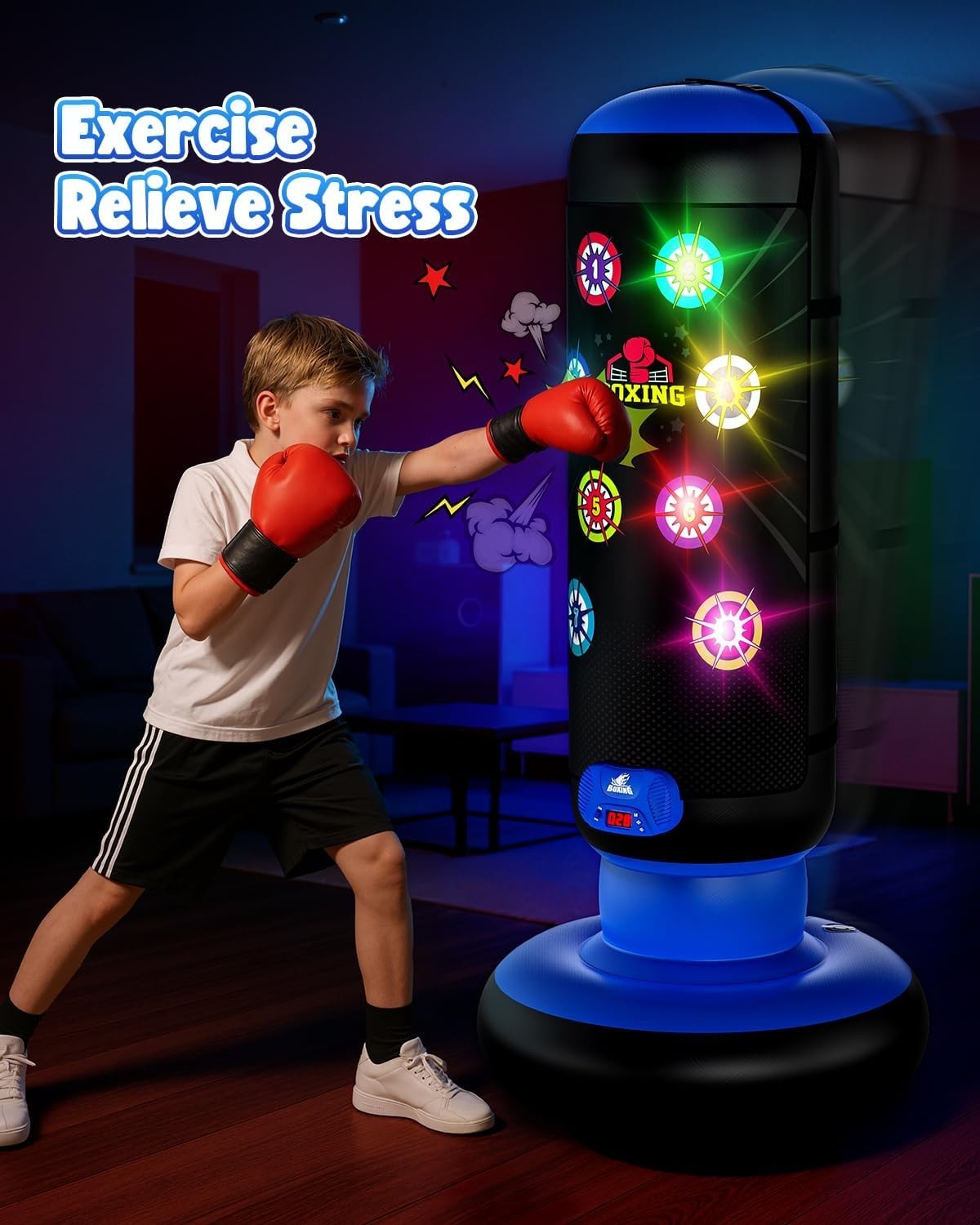 Kids Punching Bag Game Inflatable Boxing Toy Lights Music Gloves