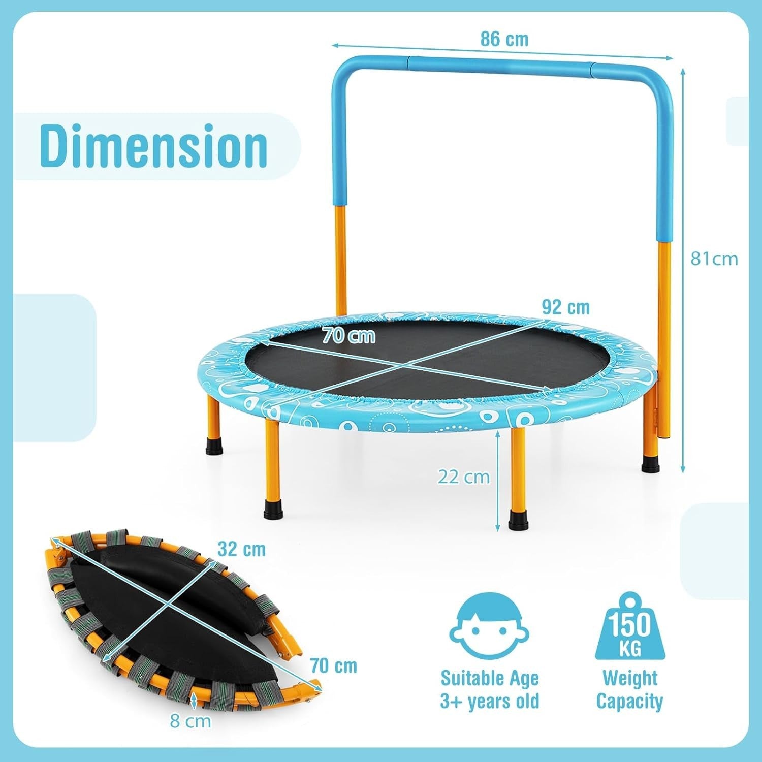 36in Kids Mini Trampoline Foldable Quiet Rebounder Handle Indoor