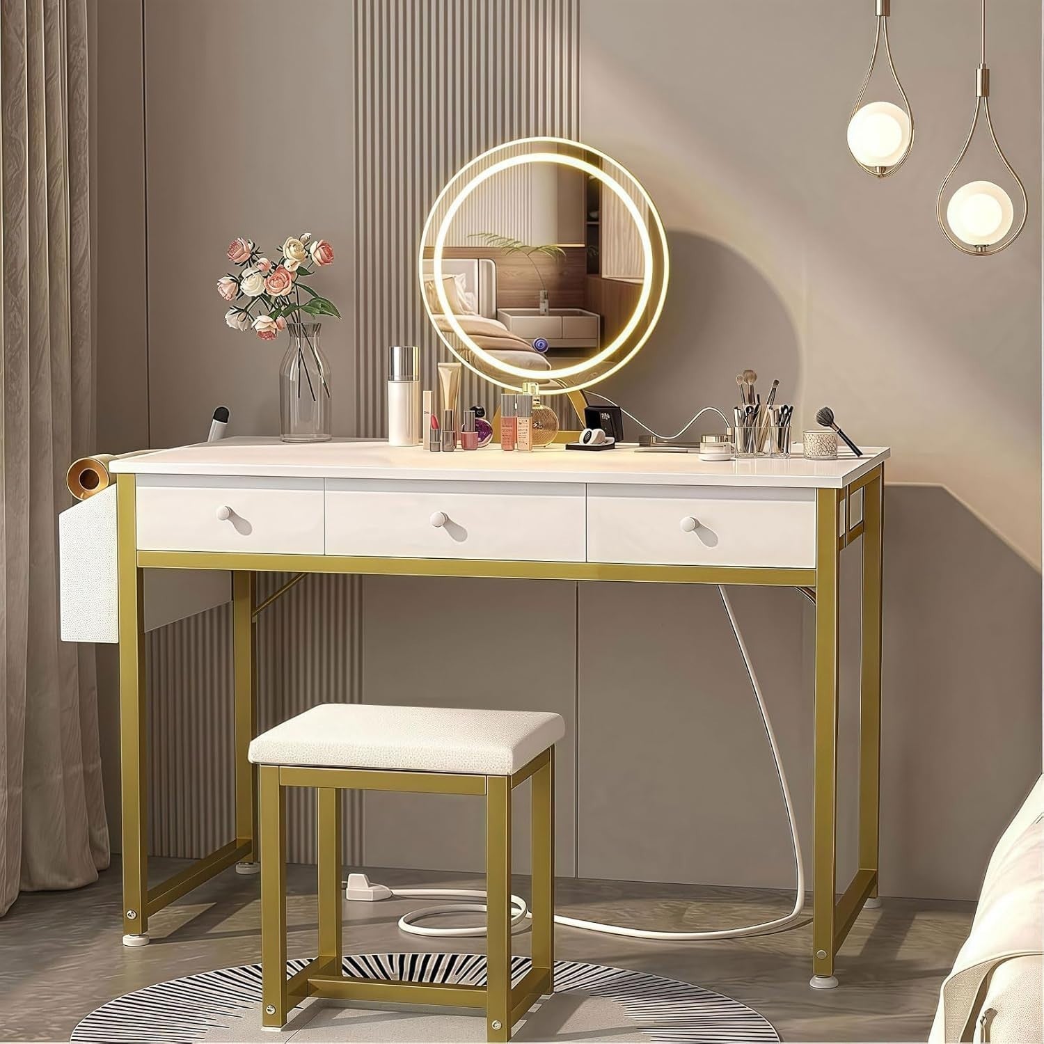 White Makeup Vanity Desk Set Compact Dressing Table 3 Drawers & Stool